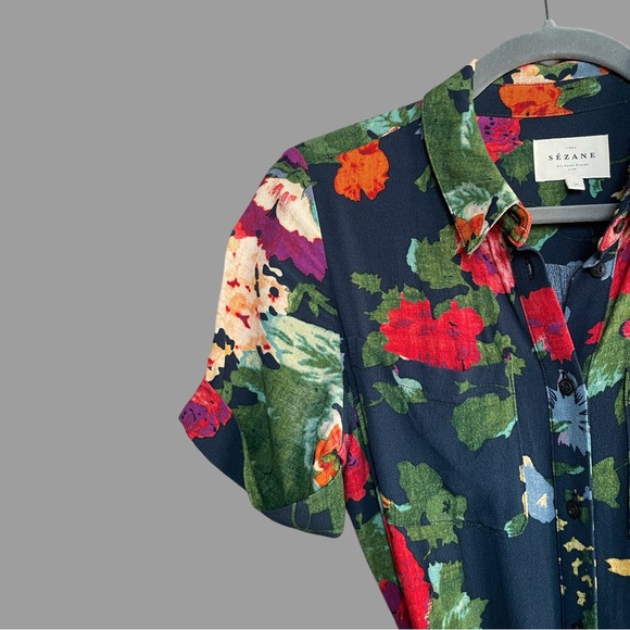 SEZANE Navy Red Floral Printed Button Down Belted Midi Shirt Dress Adele Dress - Picture 9 of 11